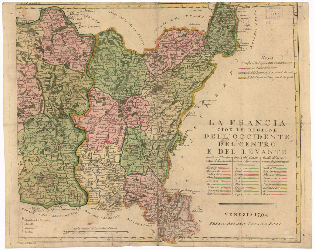 (N:35106) LA FRANCIA CIOE' LE REGIONI DELLE SORGENTI DEL NORD E DE' MARI - LA FRANCIA CIOE' LE REGIONI DELL'OCCIDENTE DEL CENTRO E DEL LEVANTE - FOGLIO 4 (B0020810) Carte e stampe antiche: riproduzione a colori su carta (formato A1)