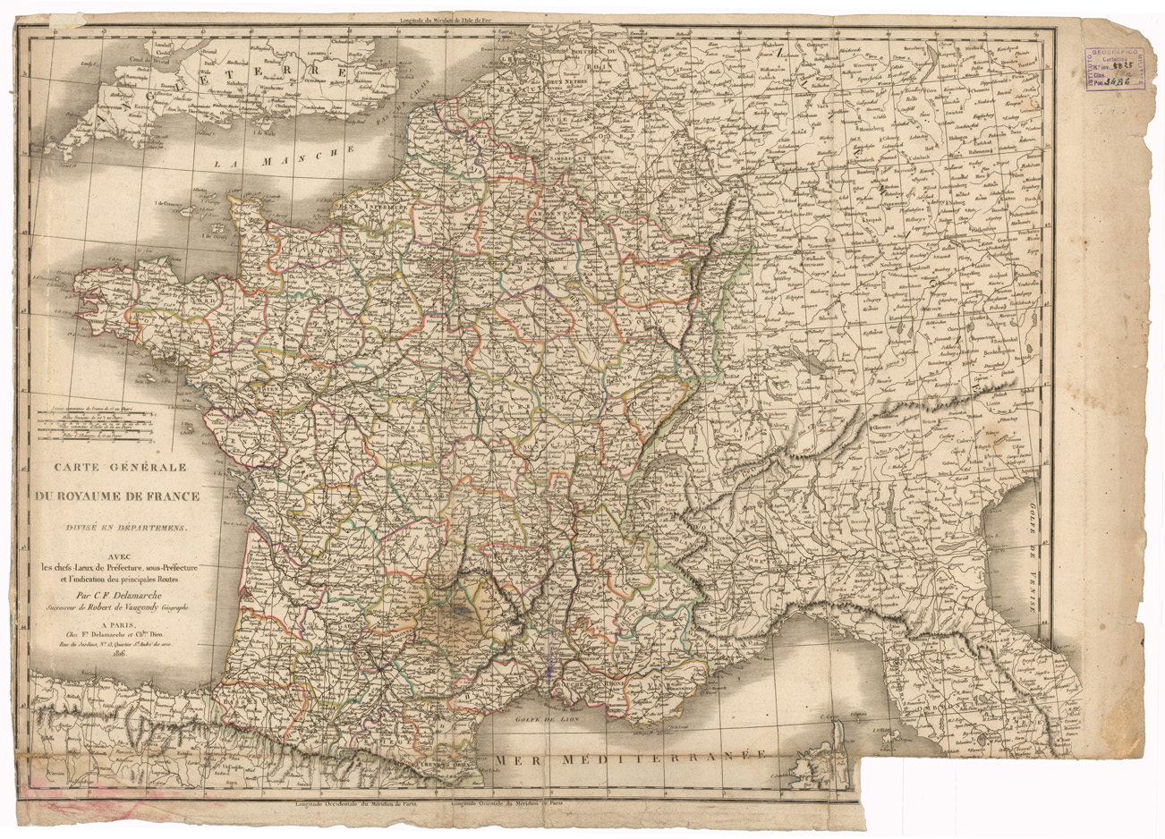(N:35115) CARTE GENERALE DU ROYAUME DE FRANCE DIVISE EN DEPARTEMENS AVEC LE CHEF-LIEUX DE PREFECTURE, SOUS-PREFECTURE ET L'INDICATION DES PRINCIPALES ROUTES (B0020819) Carte e stampe antiche: riproduzione a colori su carta (formato A1)