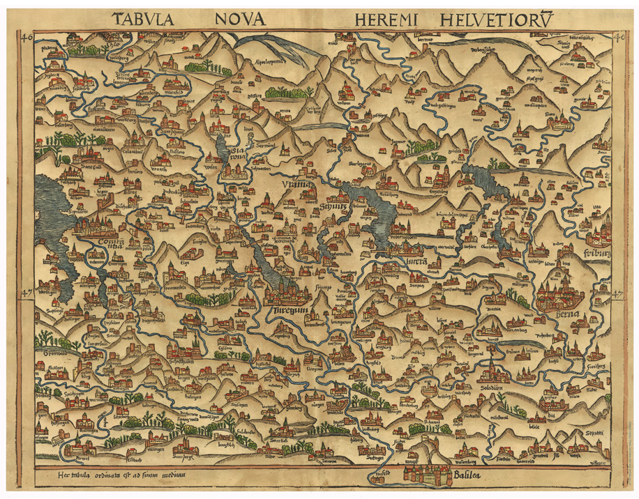 (N:35180) TABULA NOVA HEREMI HELVETIORU (RIPRODUZIONE CARTA ANTICA DEL SECOLO XVI) (B0020912) Carte e stampe antiche: riproduzione a colori su carta (formato A1)