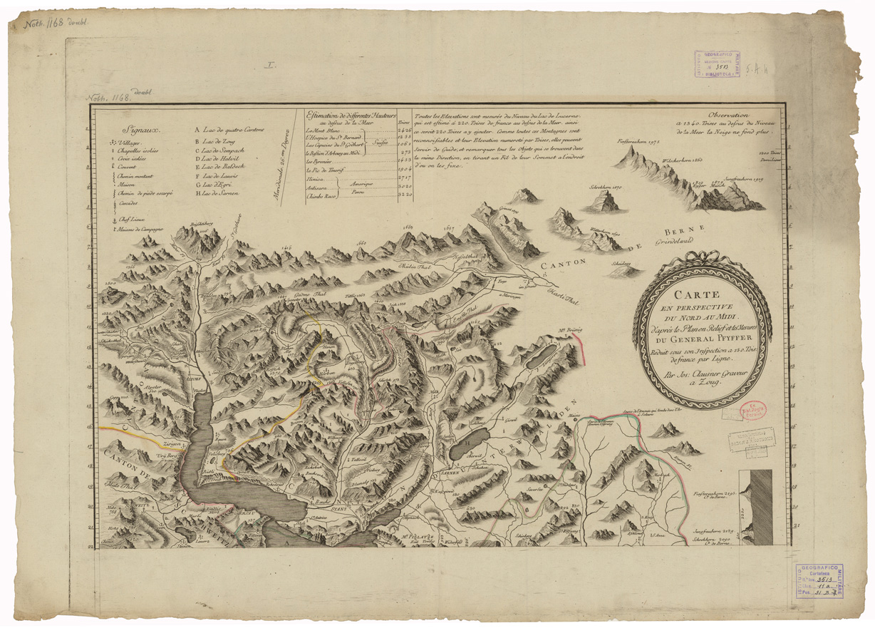 (N:35185) CARTE EN PERSPECTIVE DU NORD AU MIDI D'APRES LE PLANEN RELIEF ET LES MESURES DU GENERAL PFYFFER ETC... - FOGLIO 1 (B0020917) Carte e stampe antiche: riproduzione a colori su carta (formato A1)