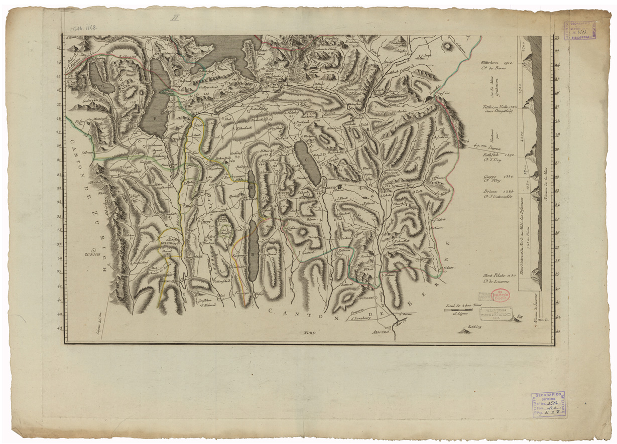 (N:35186) CARTE EN PERSPECTIVE DU NORD AU MIDI D'APRES LE PLANEN RELIEF ET LES MESURES DU GENERAL PFYFFER ETC... - FOGLIO 2 (B0020918) Carte e stampe antiche: riproduzione a colori su carta (formato A1)