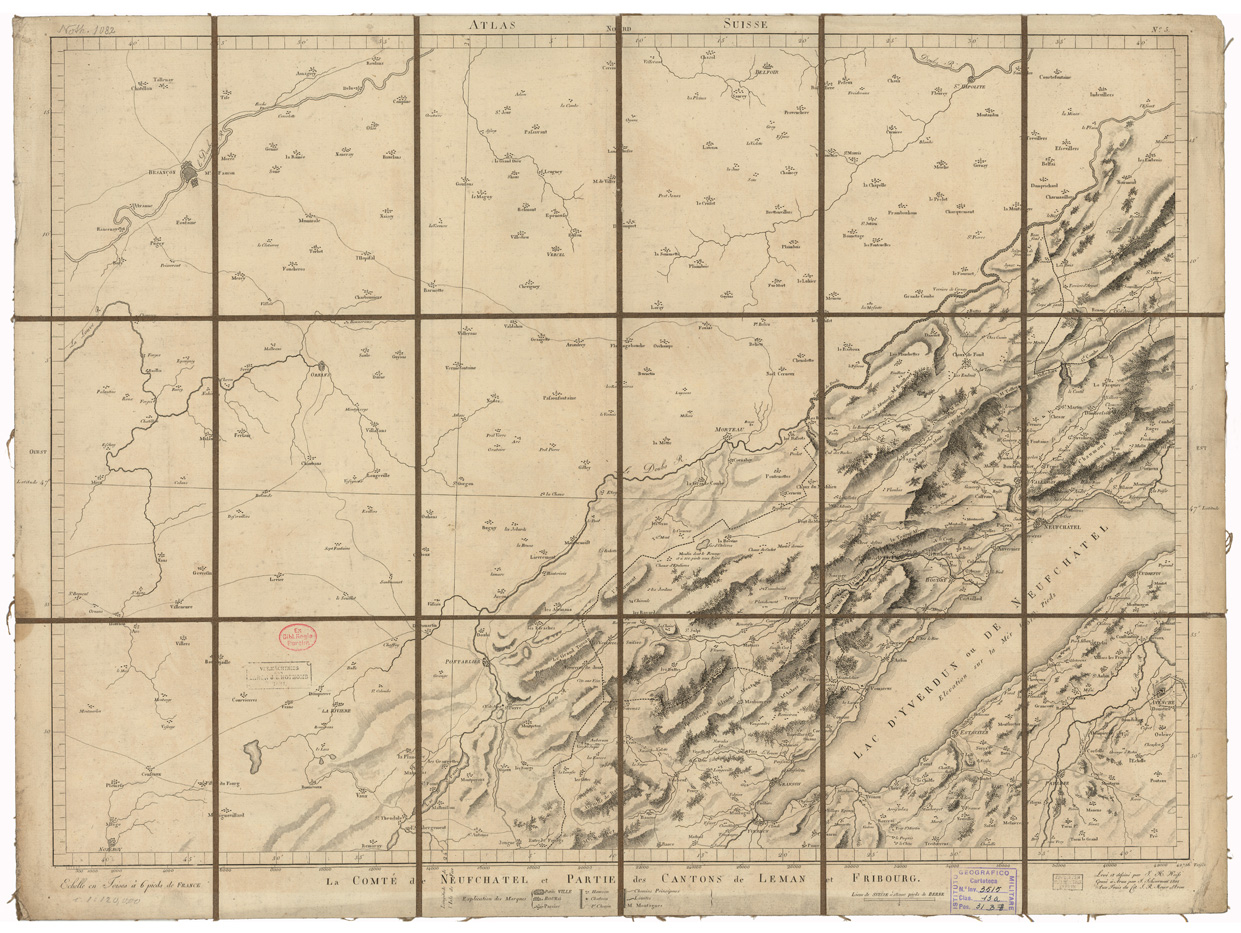 (N:35191) ASSEMBLAGE DE ATLAS SUISSE - LA COMTE DE NEUFCHATEL ET PARTIE DES CANTONS DE LEMAN ET FRIBOURG - FOGLIO 5 (B0020923) Carte e stampe antiche: riproduzione a colori su carta (formato A1)