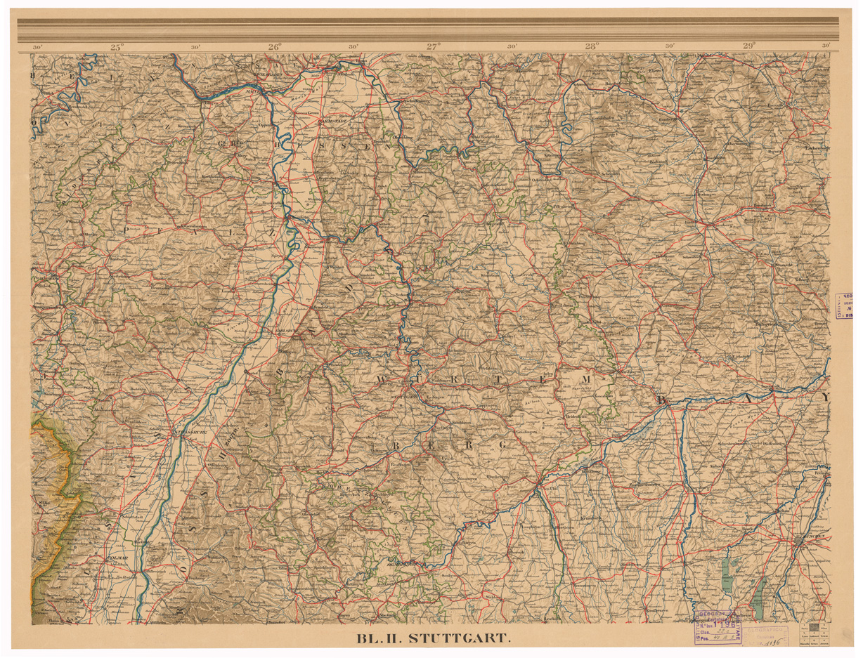 (N:35593) ALPENLAND MIT DEN ANGRENZENDEN GEBIETEN VON CENTRAL EUROPA - FOGLIO BL II STUTTGART (B0020978) Carte e stampe antiche: riproduzione a colori su carta (formato A1)