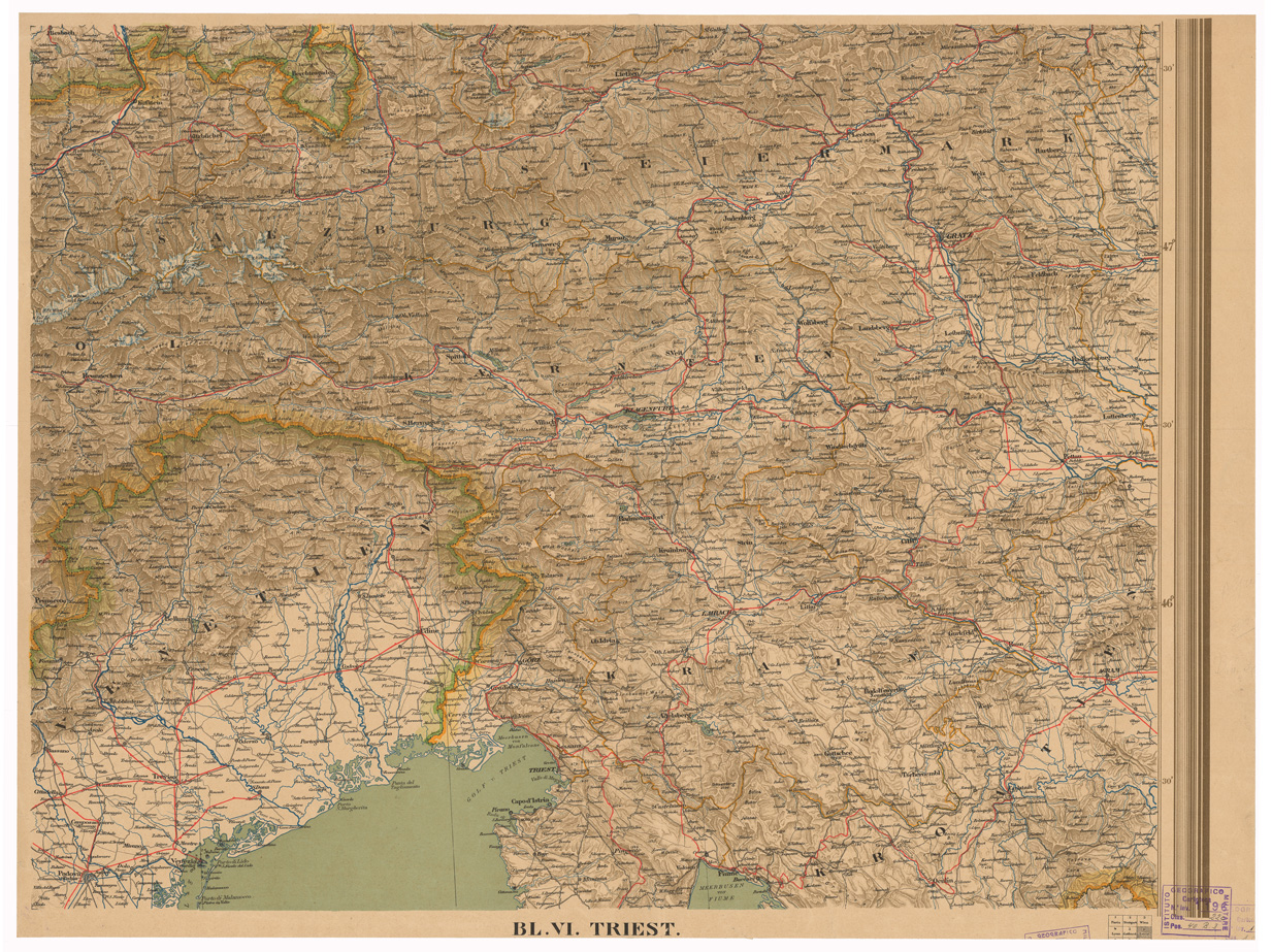 (N:35597) ALPENLAND MIT DEN ANGRENZENDEN GEBIETEN VON CENTRAL EUROPA - FOGLIO BL VI TRIEST (B0020982) Carte e stampe antiche: riproduzione a colori su carta (formato A1)