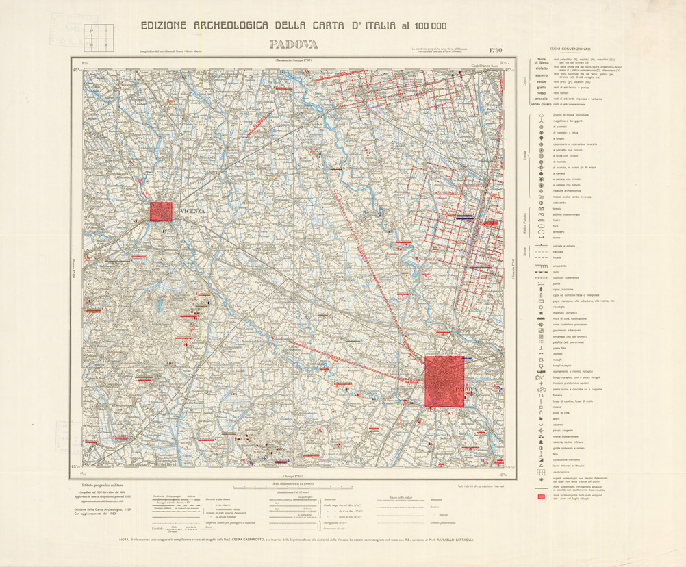 (N:35627) EDIZIONE ARCHEOLOGICA DELLA CARTA D'ITALIA FOGLIO 50 PADOVA (B0021015) Carte e stampe antiche: riproduzione a colori su carta (formato A1)