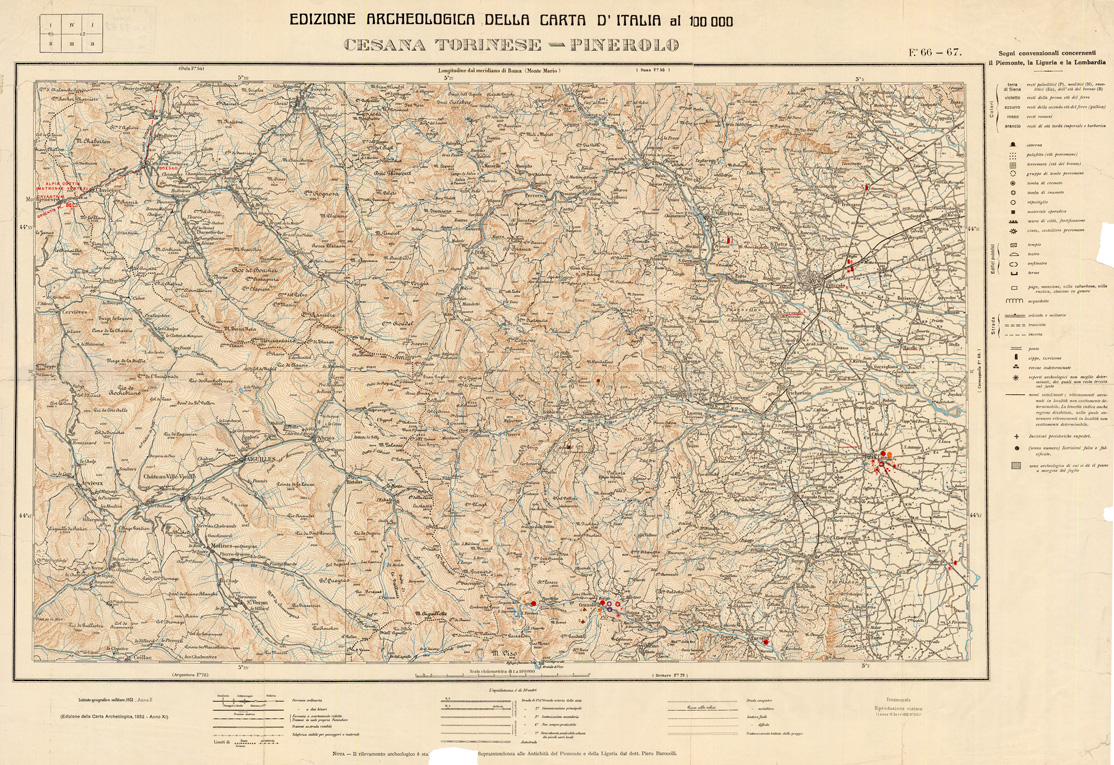 (N:35629) EDIZIONE ARCHEOLOGICA DELLA CARTA D'ITALIA FOGLIO 66-67 CESANA TORINESE-PINEROLO (B0021018) Carte e stampe antiche: riproduzione a colori su carta (formato A1)