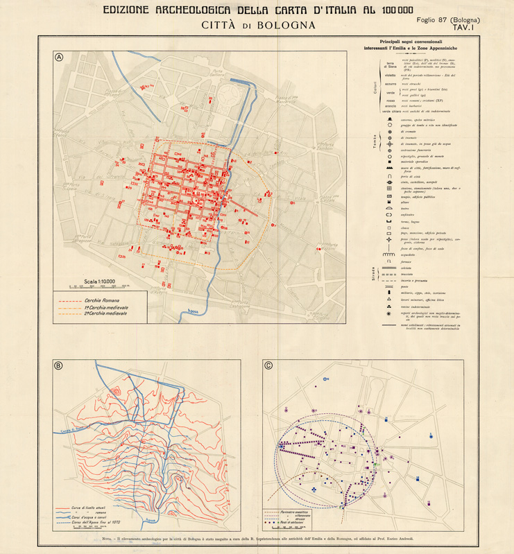 (N:35633) EDIZIONE ARCHEOLOGICA DELLA CARTA D'ITALIA PIANTA DELLA CITTA' DI BOLOGNA FOGLIO 87 TAVOLA I (B0021022) Carte e stampe antiche: riproduzione a colori su carta (formato A1)