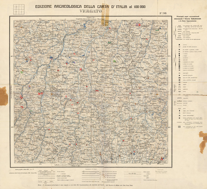 (N:35652) EDIZIONE ARCHEOLOGICA DELLA CARTA D'ITALIA FOGLIO 98 VERGATO (B0021030) Carte e stampe antiche: riproduzione a colori su carta (formato A1)