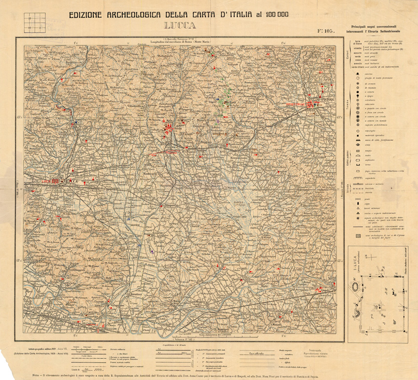 (N:35661) EDIZIONE ARCHEOLOGICA DELLA CARTA D'ITALIA FOGLIO 105 LUCCA (B0021039) Carte e stampe antiche: riproduzione a colori su carta (formato A1)