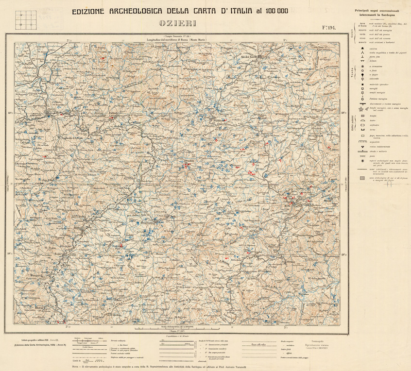 (N:35676) EDIZIONE ARCHEOLOGICA DELLA CARTA D'ITALIA FOGLIO 194 OZIERI (B0021054) Carte e stampe antiche: riproduzione a colori su carta (formato A1)