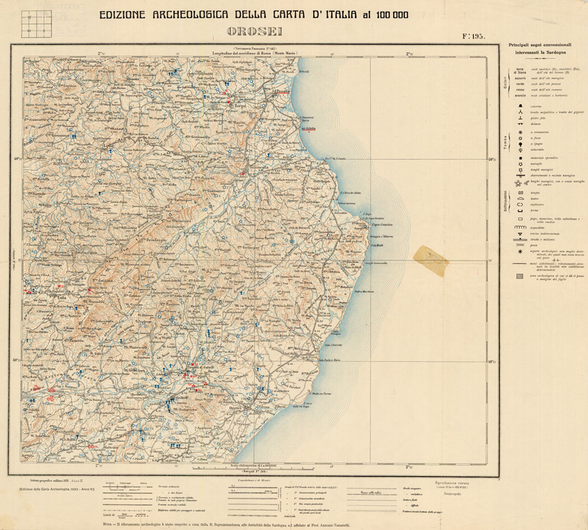 (N:35677) EDIZIONE ARCHEOLOGICA DELLA CARTA D'ITALIA FOGLIO 195 OROSEI (B0021055) Carte e stampe antiche: riproduzione a colori su carta (formato A1)