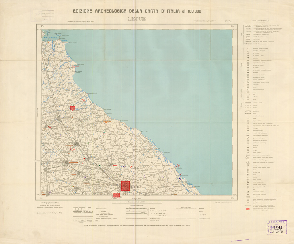 (N:35679) EDIZIONE ARCHEOLOGICA DELLA CARTA D'ITALIA FOGLIO 204 LECCE (B0021057) Carte e stampe antiche: riproduzione a colori su carta (formato A1)