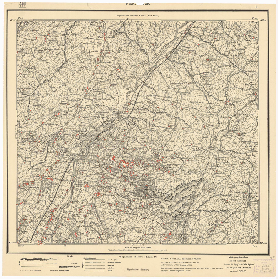(N:35869) CARTA TOPOGRAFICA FIRENZE E DINTORNI  - FOGLIO I FIESOLE (B0021183) Carte e stampe antiche: riproduzione a colori su carta (formato A1)