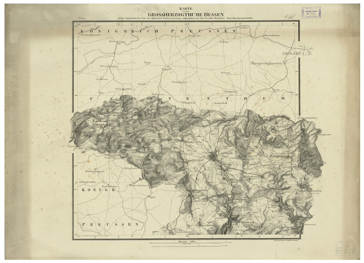 (N:35911) UEBERSICHT DER TOPOGRAPHISCHEN KARTE VON DEM GROSSHERZOGTHUME HESSEN - FOGLIO 1 VOHL (B0021222) Carte e stampe antiche: riproduzione a colori su carta (formato A1)