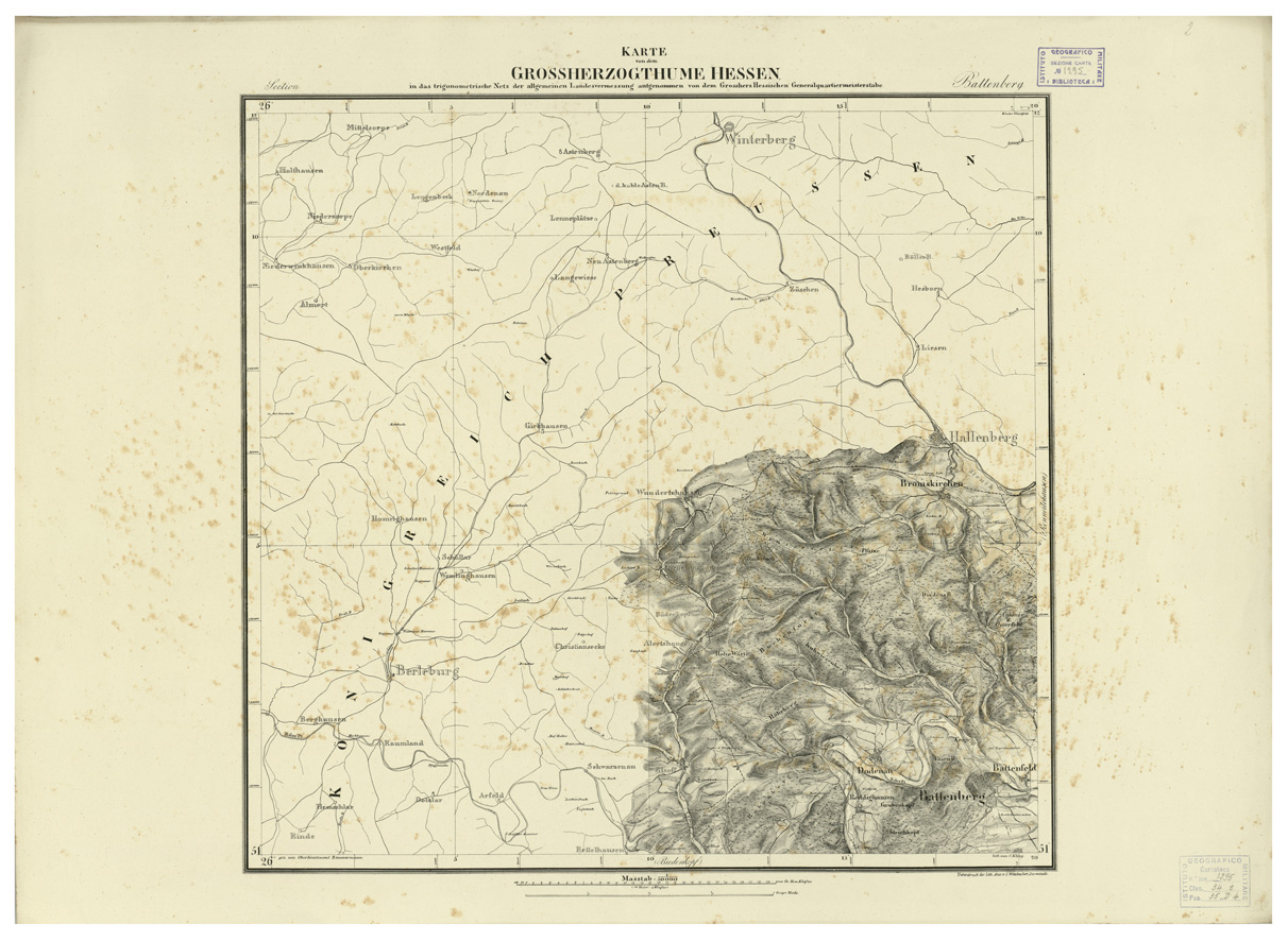 (N:35912) UEBERSICHT DER TOPOGRAPHISCHEN KARTE VON DEM GROSSHERZOGTHUME HESSEN - FOGLIO 2 BATTENBERG (B0021223) Carte e stampe antiche: riproduzione a colori su carta (formato A1)