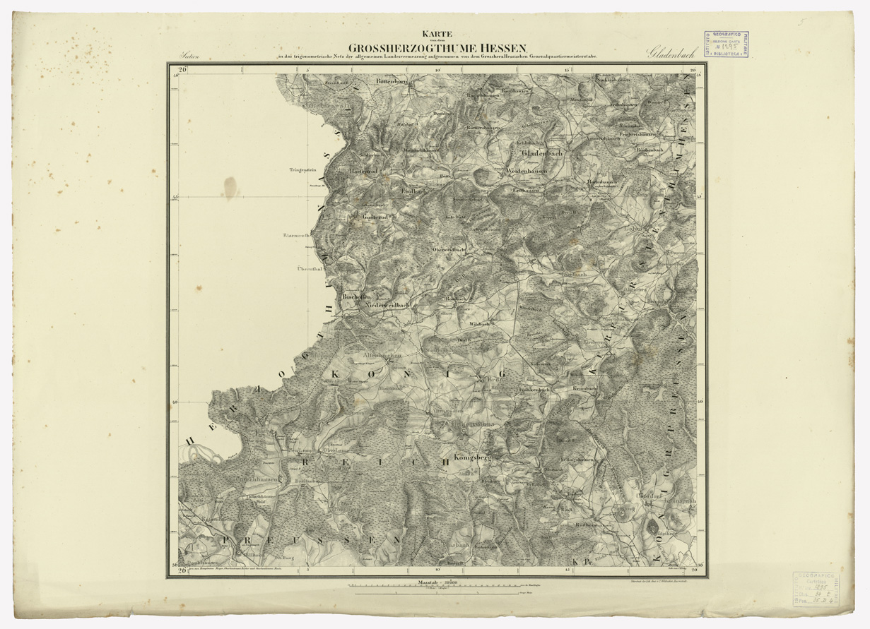 (N:35915) UEBERSICHT DER TOPOGRAPHISCHEN KARTE VON DEM GROSSHERZOGTHUME HESSEN - FOGLIO 5 GLADENBACH (B0021226) Carte e stampe antiche: riproduzione a colori su carta (formato A1)