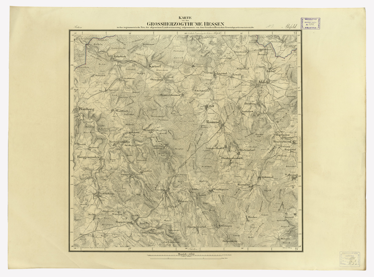 (N:35917) UEBERSICHT DER TOPOGRAPHISCHEN KARTE VON DEM GROSSHERZOGTHUME HESSEN - FOGLIO 7 ALSFELD (B0021228) Carte e stampe antiche: riproduzione a colori su carta (formato A1)
