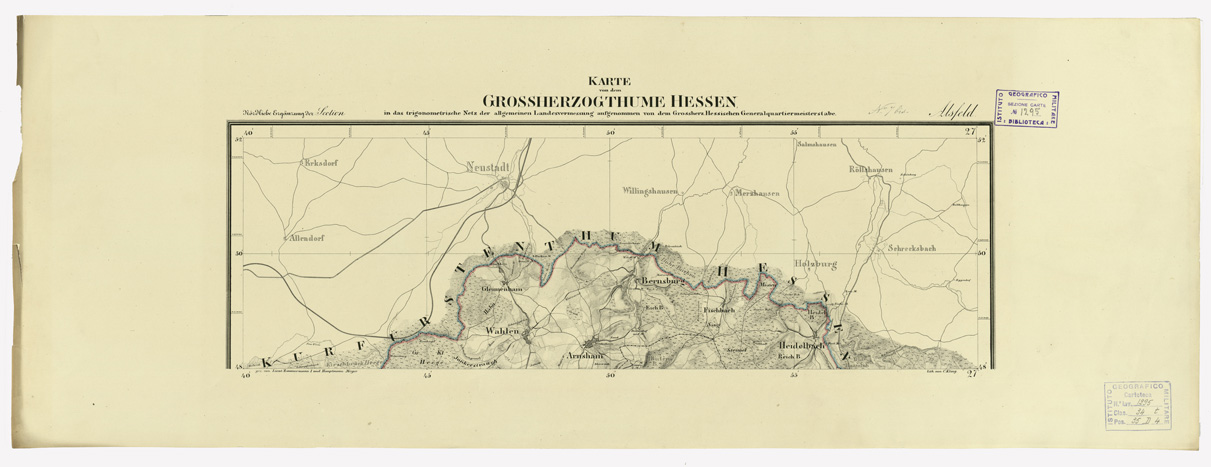 (N:35918) UEBERSICHT DER TOPOGRAPHISCHEN KARTE VON DEM GROSSHERZOGTHUME HESSEN - FOGLIO 7 BIS ALSFELD (B0021229) Carte e stampe antiche: riproduzione a colori su carta (formato A1)