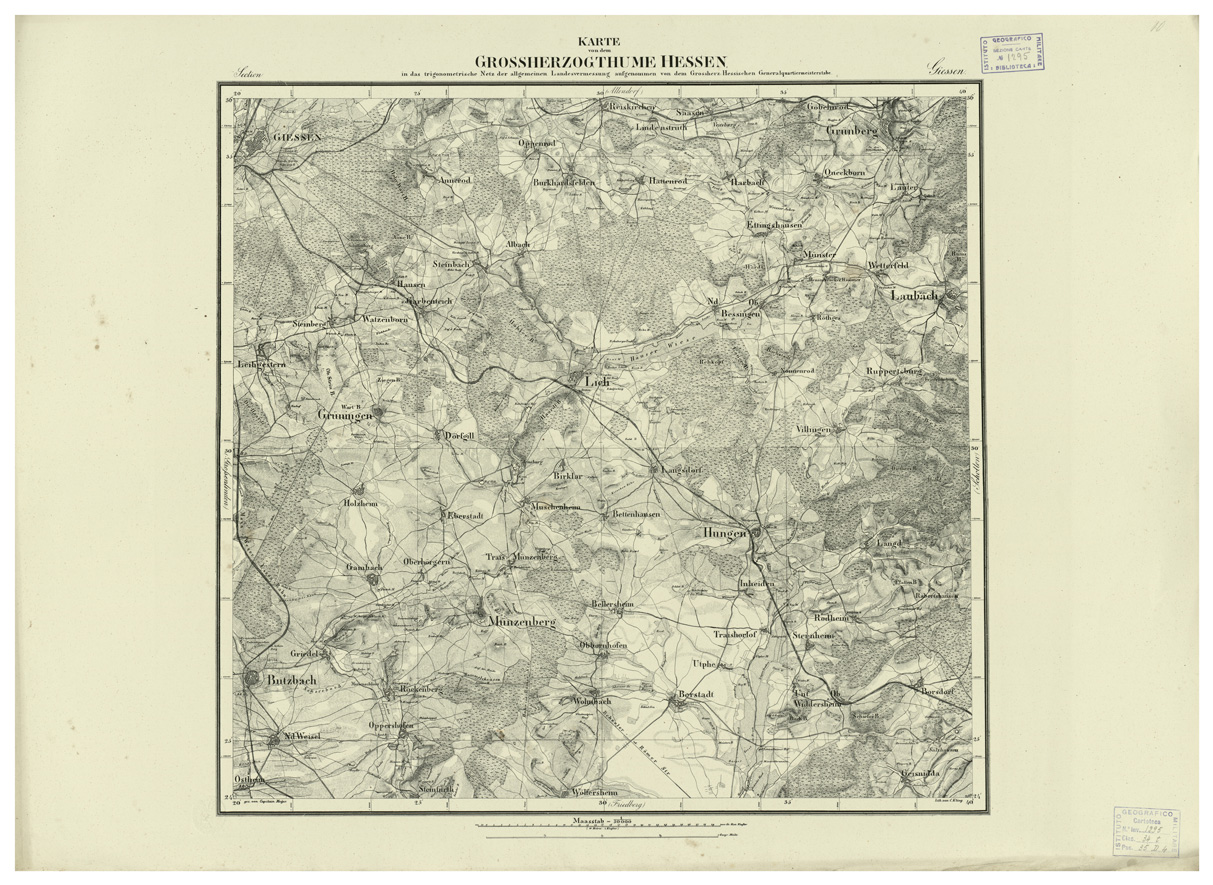 (N:35921) UEBERSICHT DER TOPOGRAPHISCHEN KARTE VON DEM GROSSHERZOGTHUME HESSEN - FOGLIO 10 GIESSEN (B0021232) Carte e stampe antiche: riproduzione a colori su carta (formato A1)