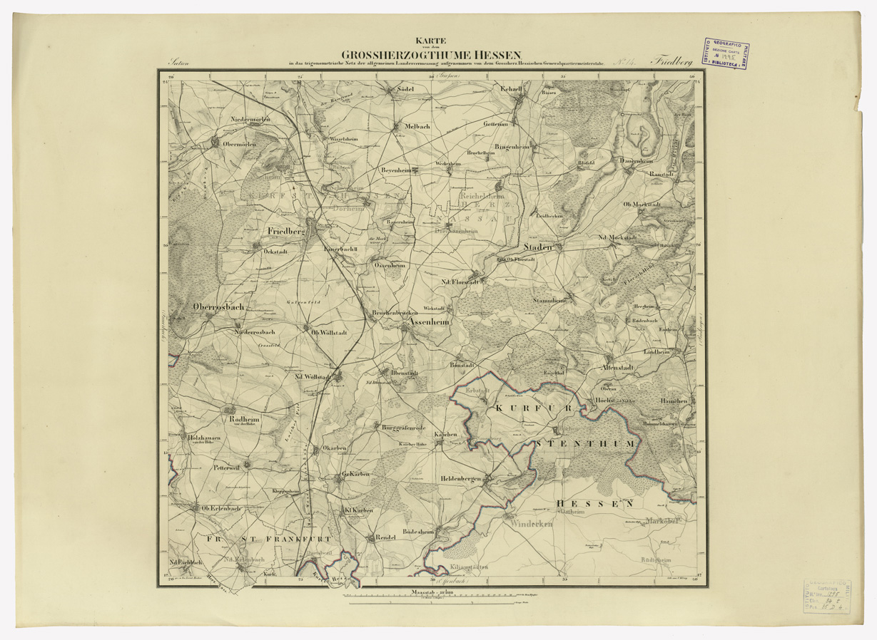(N:35925) UEBERSICHT DER TOPOGRAPHISCHEN KARTE VON DEM GROSSHERZOGTHUME HESSEN - FOGLIO 14 FRIEDBERG (B0021236) Carte e stampe antiche: riproduzione a colori su carta (formato A1)