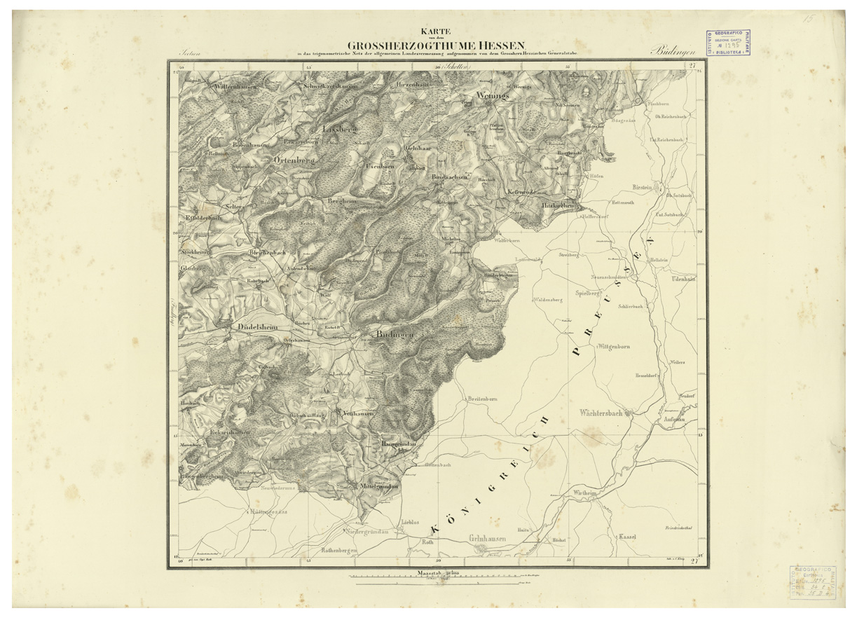 (N:35926) UEBERSICHT DER TOPOGRAPHISCHEN KARTE VON DEM GROSSHERZOGTHUME HESSEN - FOGLIO 15 BUDINGEN (B0021237) Carte e stampe antiche: riproduzione a colori su carta (formato A1)