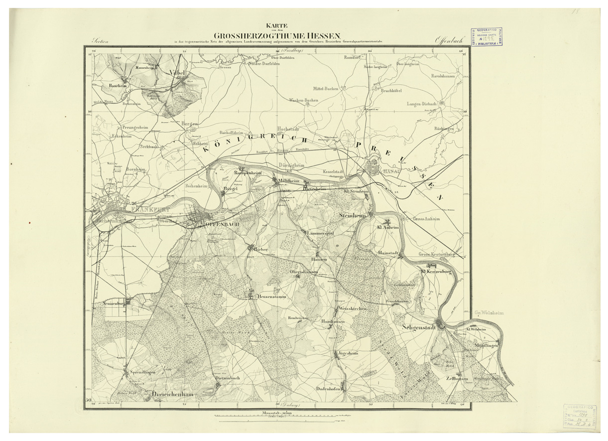 (N:35929) UEBERSICHT DER TOPOGRAPHISCHEN KARTE VON DEM GROSSHERZOGTHUME HESSEN - FOGLIO 18 OFFENBACH (B0021240) Carte e stampe antiche: riproduzione a colori su carta (formato A1)