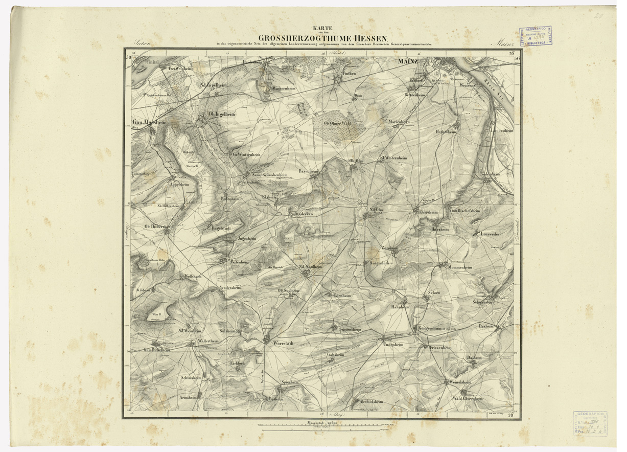 (N:35931) UEBERSICHT DER TOPOGRAPHISCHEN KARTE VON DEM GROSSHERZOGTHUME HESSEN - FOGLIO 20 MAINZ (B0021242) Carte e stampe antiche: riproduzione a colori su carta (formato A1)