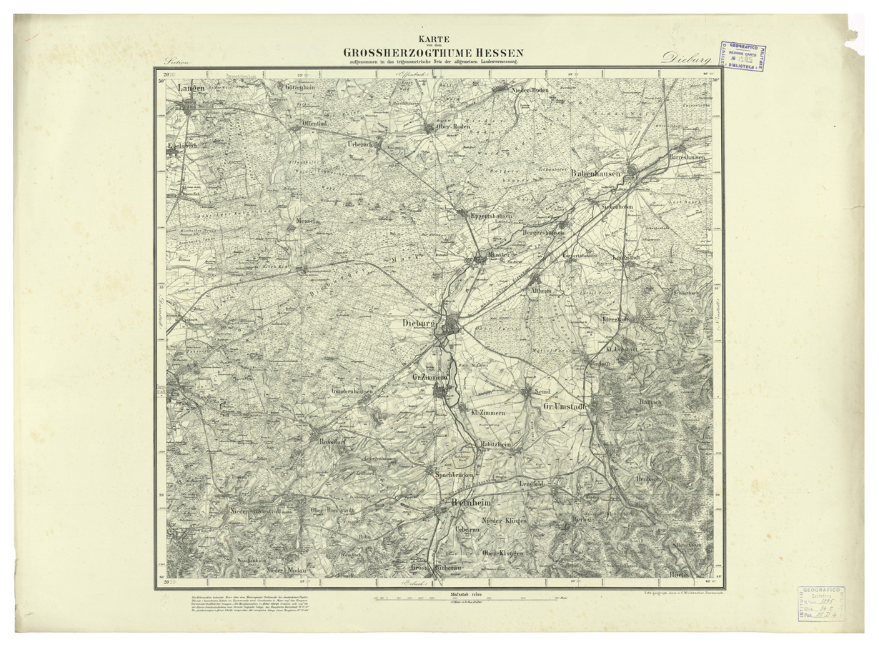 (N:35933) UEBERSICHT DER TOPOGRAPHISCHEN KARTE - KARTE VON DEM GROSSHERZOGTHUME HESSEN - FOGLIO 22 DIEBURG (B0021244) Carte e stampe antiche: riproduzione a colori su carta (formato A1)