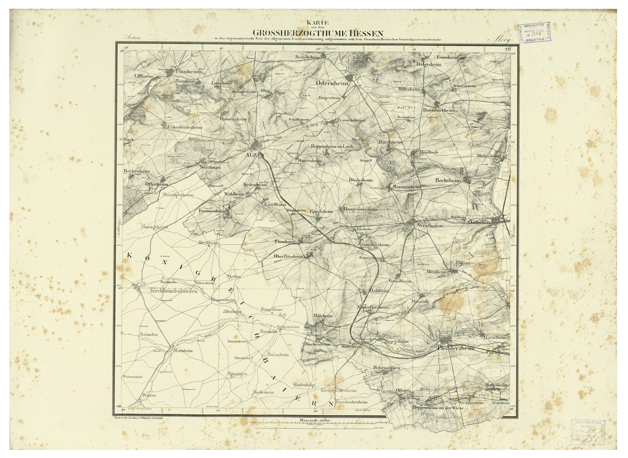 (N:35935) UEBERSICHT DER TOPOGRAPHISCHEN KARTE VON DEM GROSSHERZOGTHUME HESSEN - FOGLIO 24 ALZEY (B0021246) Carte e stampe antiche: riproduzione a colori su carta (formato A1)