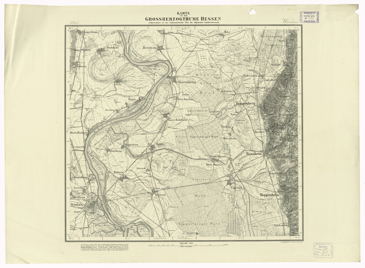 (N:35936) UEBERSICHT DER TOPOGRAPHISCHEN KARTE VON DEM GROSSHERZOGTHUME HESSEN - FOGLIO 25 WORMS (B0021247) Carte e stampe antiche: riproduzione a colori su carta (formato A1)