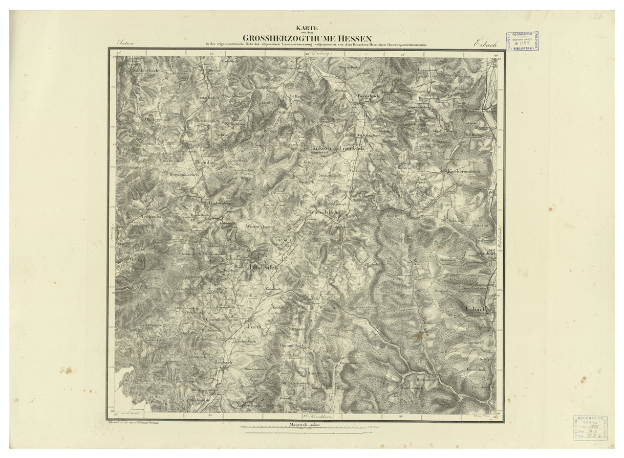 (N:35937) UEBERSICHT DER TOPOGRAPHISCHEN KARTE VON DEM GROSSHERZOGTHUME HESSEN - FOGLIO 26 ERBACH (B0021248) Carte e stampe antiche: riproduzione a colori su carta (formato A1)
