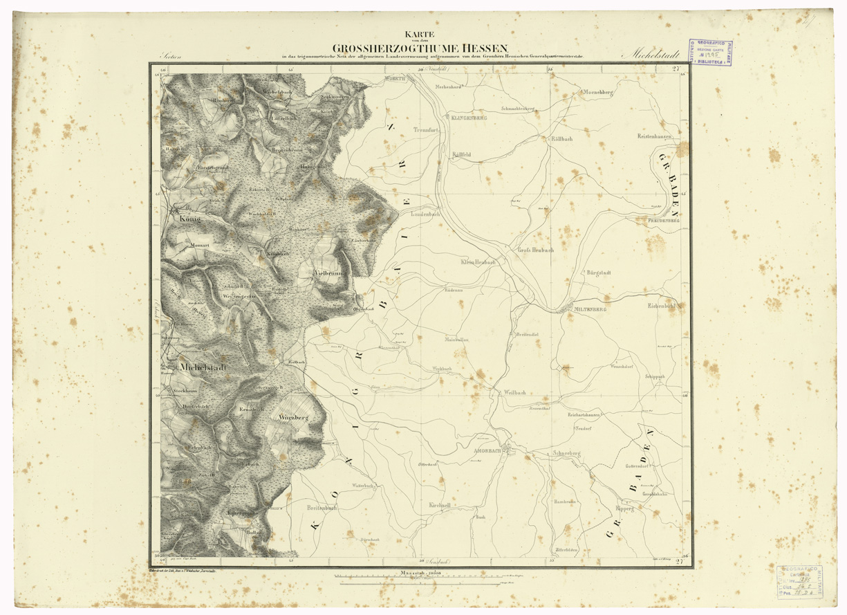 (N:35938) UEBERSICHT DER TOPOGRAPHISCHEN KARTE VON DEM GROSSHERZOGTHUME HESSEN - FOGLIO 27 MICHELSTADT (B0021249) Carte e stampe antiche: riproduzione a colori su carta (formato A1)