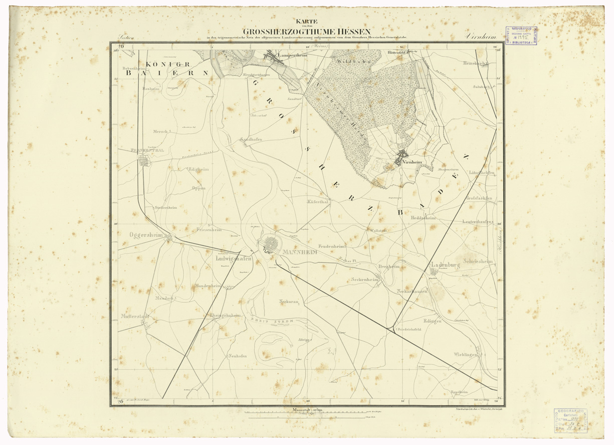 (N:35939) UEBERSICHT DER TOPOGRAPHISCHEN KARTE VON DEM GROSSHERZOGTHUME HESSEN - FOGLIO 28 VIRNHEIM (B0021250) Carte e stampe antiche: riproduzione a colori su carta (formato A1)
