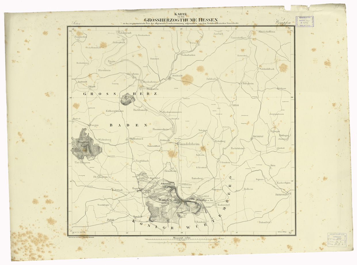 (N:35942) UEBERSICHT DER TOPOGRAPHISCHEN KARTE VON DEM GROSSHERZOGTHUME HESSEN - FOGLIO 31 WIMPFEN (B0021253) Carte e stampe antiche: riproduzione a colori su carta (formato A1)