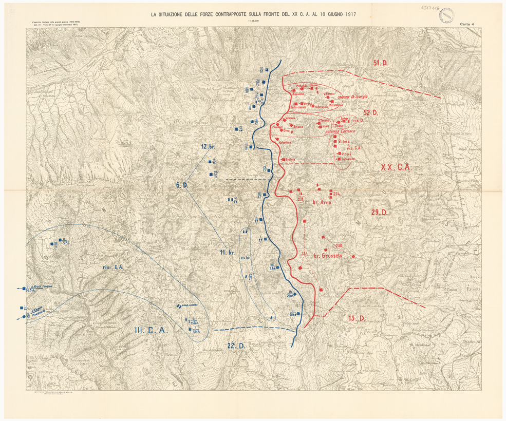 (N:36755) L'ESERCITO ITALIANO NELLA GRANDE GUERRA 1915-1918 - VOL. IV 1917 - TOMO 2 TER - Carta 4 - La situazione delle forze contrapposte sulla fronte del XX C. A. al 10 giugno 1917 (B0021309) Carte e stampe antiche: riproduzione a colori su carta (formato A1)
