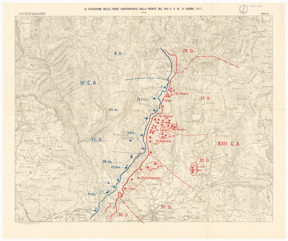 (N:36756) L'ESERCITO ITALIANO NELLA GRANDE GUERRA 1915-1918 - VOL. IV 1917 - TOMO 2 TER - Carta 5 - La situazione delle forze contrapposte sulla fronte del XXII C. A. al 10 giugno 1917 (B0021310) Carte e stampe antiche: riproduzione a colori su carta (formato A1)