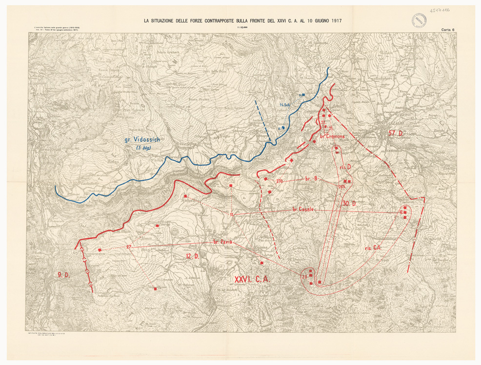 (N:36757) L'ESERCITO ITALIANO NELLA GRANDE GUERRA 1915-1918 - VOL. IV 1917 - TOMO 2 TER - Carta 6 - La situazione delle forze contrapposte sulla fronte del XXVI C. A. al 10 giugno 1917 (B0021311) Carte e stampe antiche: riproduzione a colori su carta (formato A1)
