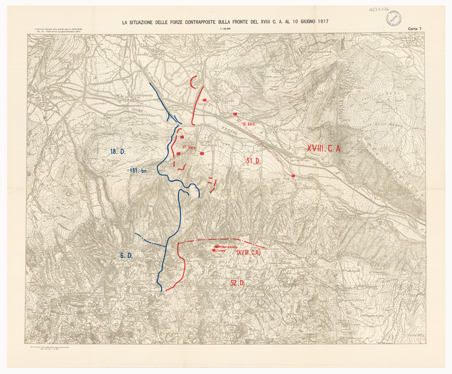(N:36758) L'ESERCITO ITALIANO NELLA GRANDE GUERRA 1915-1918 - VOL. IV 1917 - TOMO 2 TER - Carta 7 - La situazione delle forze contrapposte sulla fronte del XVIII C. A. al 10 giugno 1917 (B0021312) Carte e stampe antiche: riproduzione a colori su carta (formato A1)