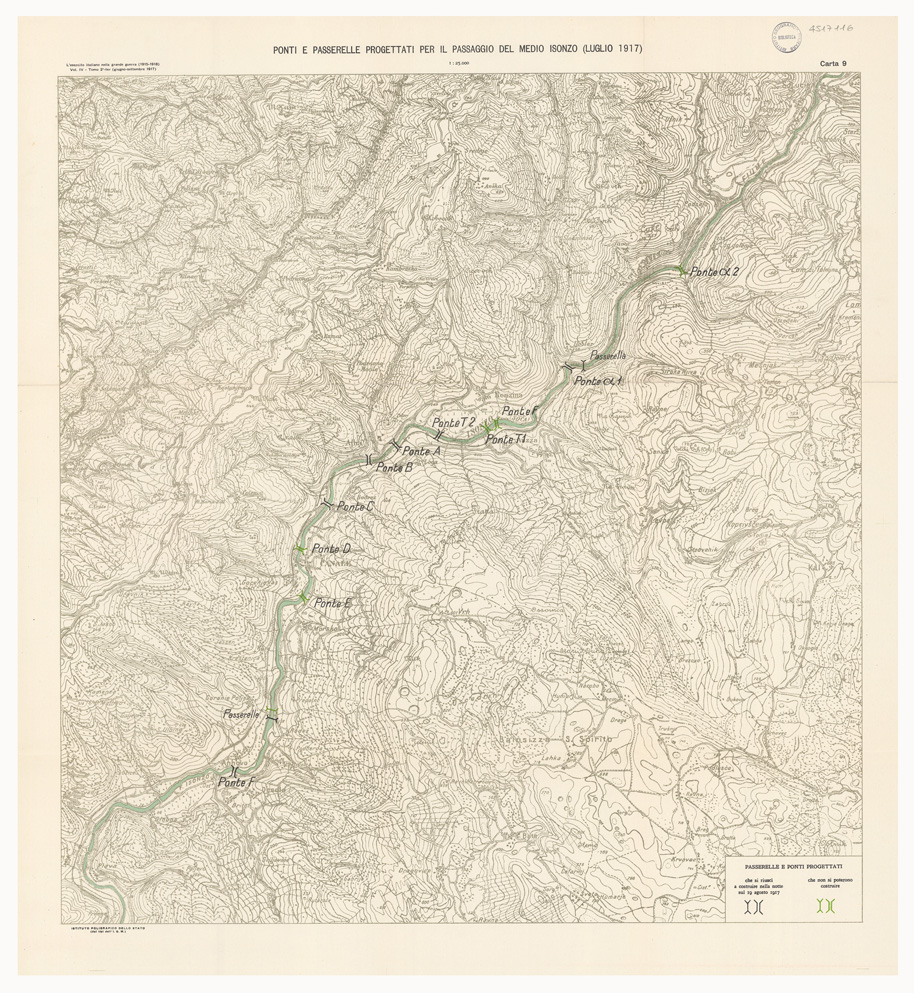 (N:36760) L'ESERCITO ITALIANO NELLA GRANDE GUERRA 1915-1918 - VOL. IV 1917 - TOMO 2 TER - Carta 9 - Ponti e passerelle progettati per il passaggio del medio Isonzo luglio 1917 (B0021314) Carte e stampe antiche: riproduzione a colori su carta (formato A1)