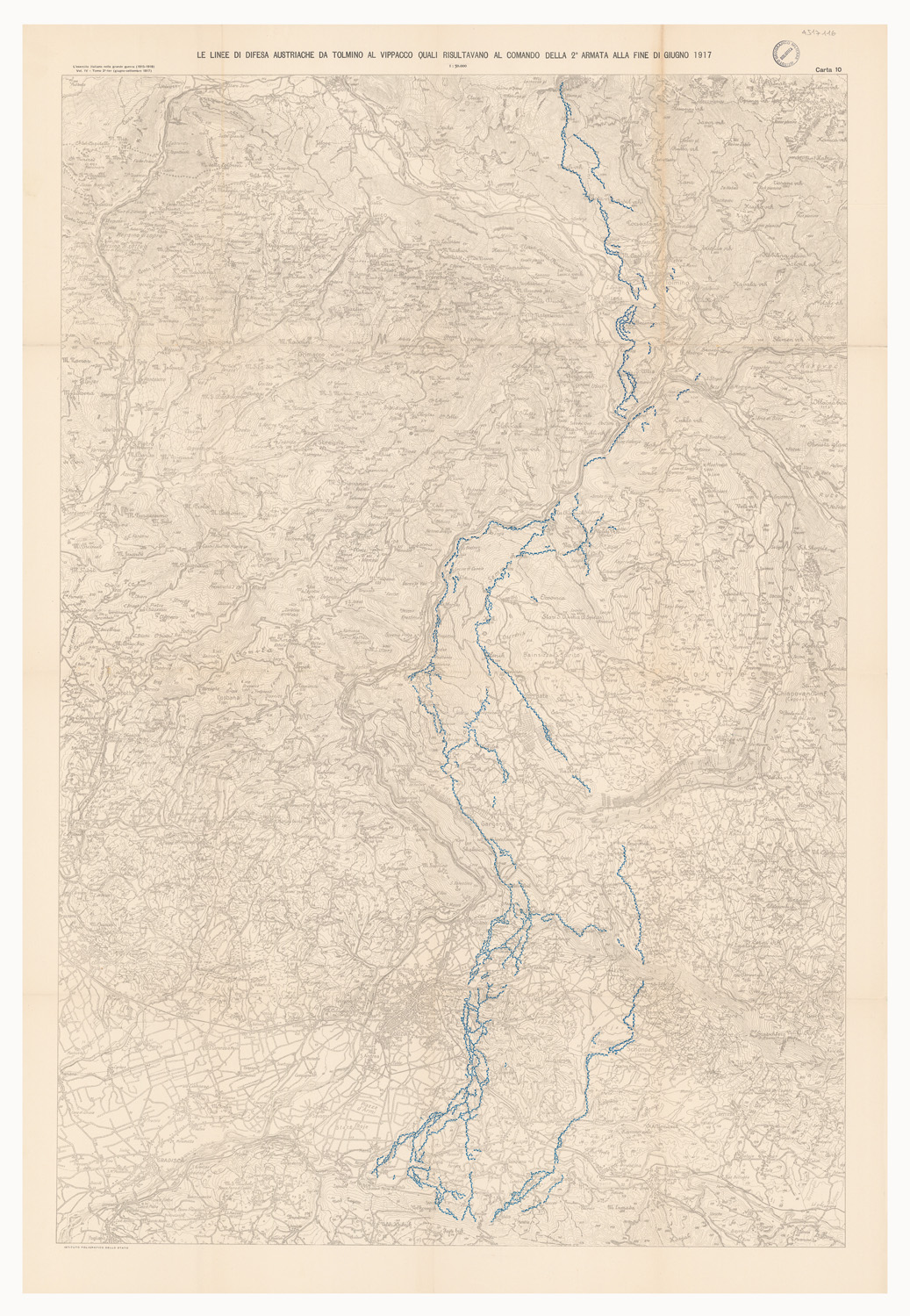 (N:36761) L'ESERCITO ITALIANO NELLA GRANDE GUERRA 1915-1918 - VOL. IV 1917 - TOMO 2 TER - Carta 10 - Le linee di difesa austriache da Tolmino al Vippacco quali risultavano al comando della 2 armata alla fine di giugno 1917 (B0021315) Carte e stampe antiche: riproduzione a colori su carta (formato A1)