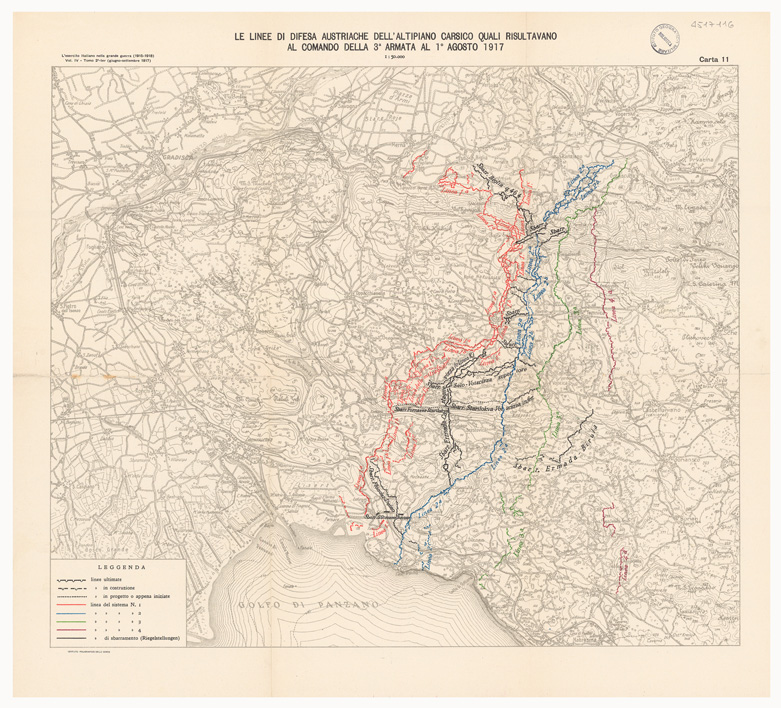 (N:36762) L'ESERCITO ITALIANO NELLA GRANDE GUERRA 1915-1918 - VOL. IV 1917 - TOMO 2 TER - Carta 11 - Le linee di difesa austriache dell'altipiano carsico quali risultavano al comando della 3 armata al 1 agosto 1917 (B0021316) Carte e stampe antiche: riproduzione a colori su carta (formato A1)