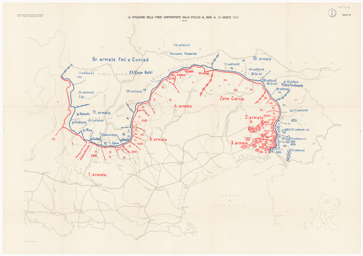 (N:36763) L'ESERCITO ITALIANO NELLA GRANDE GUERRA 1915-1918 - VOL. IV 1917 - TOMO 2 TER - Carta 12 - La situazione dell forze contrapposte dallo Stelvio al mare al 18 agosto 1917 (B0021317) Carte e stampe antiche: riproduzione a colori su carta (formato A1)