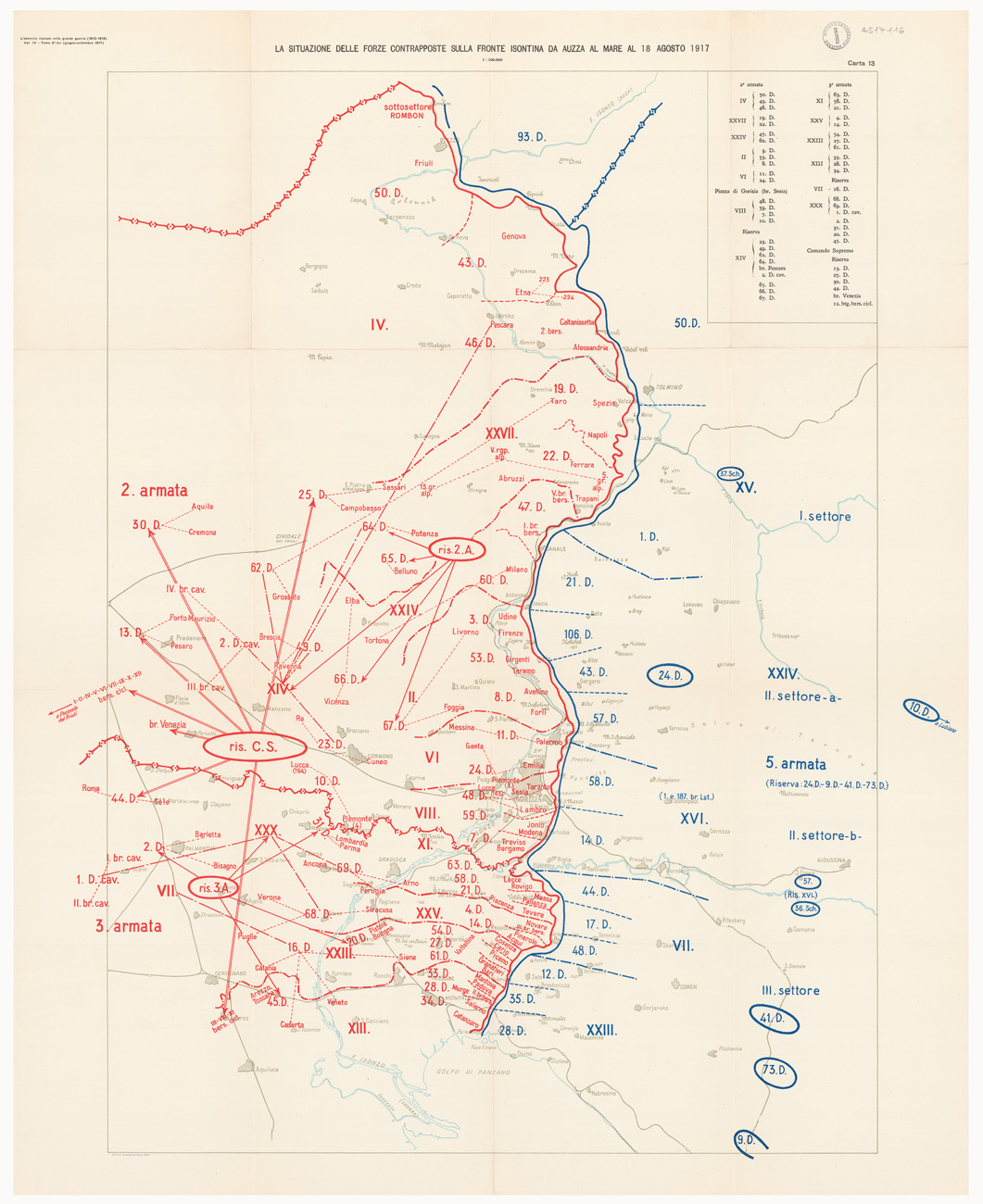 (N:36764) L'ESERCITO ITALIANO NELLA GRANDE GUERRA 1915-1918 - VOL. IV 1917 - TOMO 2 TER - Carta 13 - La situazione delle forze contrapposte sulla fronte isontina da Auzza al mare al 18 agosto 1917 (B0021318) Carte e stampe antiche: riproduzione a colori su carta (formato A1)