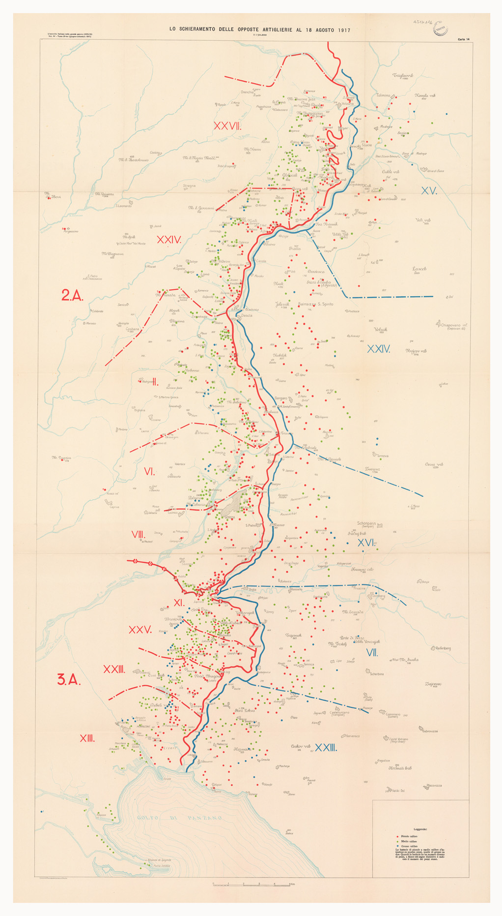 (N:36765) L'ESERCITO ITALIANO NELLA GRANDE GUERRA 1915-1918 - VOL. IV 1917 - TOMO 2 TER - Carta 14 - Lo schieramento delle opposte artiglierie al 18 agosto 1917 (B0021319) Carte e stampe antiche: riproduzione a colori su carta (formato A1)