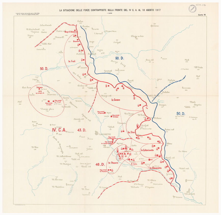 (N:36766) L'ESERCITO ITALIANO NELLA GRANDE GUERRA 1915-1918 - VOL. IV 1917 - TOMO 2 TER - Carta 15 - La situazione delle forze contrapposte sulla fronte del IV C.A. al 18 agosto 1917 (B0021320) Carte e stampe antiche: riproduzione a colori su carta (formato A1)