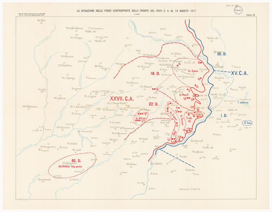(N:36767) L'ESERCITO ITALIANO NELLA GRANDE GUERRA 1915-1918 - VOL. IV 1917 - TOMO 2 TER - Carta 16 - La situazione delle forze contrapposte sulla fronte del XXVII C.A. al 18 agosto 1917 (B0021321) Carte e stampe antiche: riproduzione a colori su carta (formato A1)