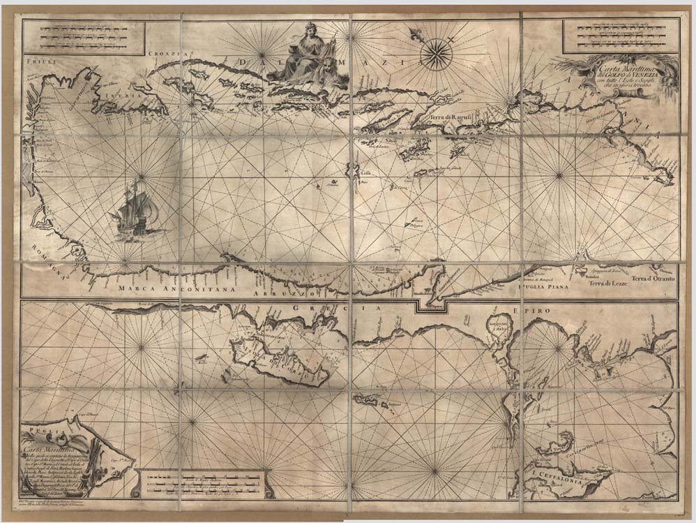 (N:491) I. CARTA MARITTIMA DEL GOLFO DI VENEZIA CON TUTTE L'ISOLE E SCOGLI CHE IN ESSO SI TROVANO
II. CARTA MARITTIMA, NELLA QUALE SI CONTIENE LA NAVIGAZIONE DEL CAPO DELLA LINGUETTA AL CAPO D'OTRANTO E CAPO S.TA MARIA COL CANALE ET ISOLA DI CORFU' ... (B0012839, B0012840, B12839-40) Carte e stampe antiche: riproduzione a colori su carta (formato A1)