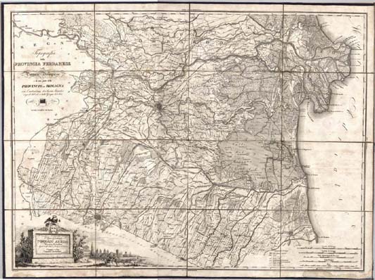 (N:9938) TOPOGRAFIA DELLA PROVINCIA FERRARESE DELLA PIANURA BOLOGNESE E DI UNA PARTE DELLE PROVINCIE DI ROMAGNA CON L'INDICAZIONE DEI LAVORI IDRAULICI ESEGUITI DAL 1767 A TUTTO GIUGNO DEL 1825. (B0012897, B0012898, B12897-8) Carte e stampe antiche: riproduzione a colori su carta (formato A1)