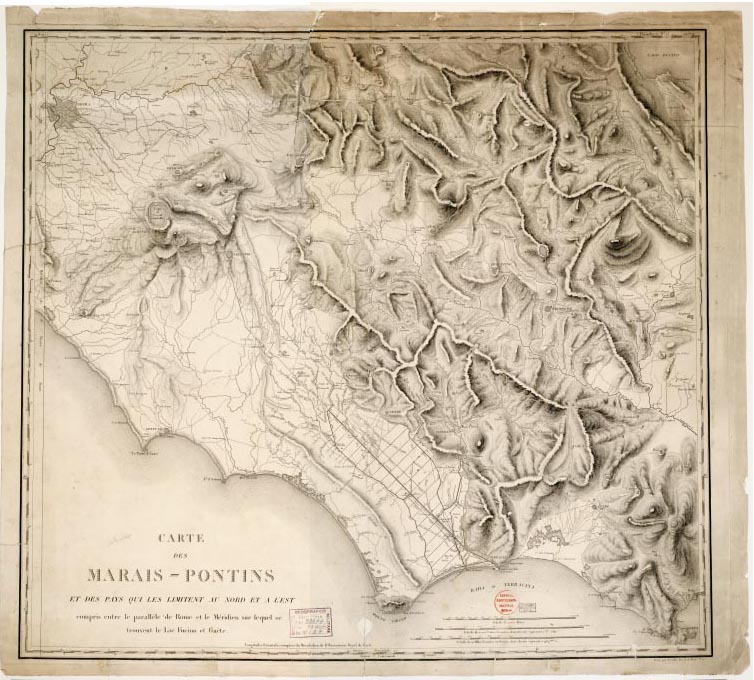 (N:8549) CARTE DES MARAIS - PONTINS ET DES PAYS QUI LES LIMITENT AU NORD ET A L'EST COMPRIS ENTRE LE PARALLELE DE ROME ET LE MERIDIEN SUR LEQUEL SE TROUVENT LE LAC FUCINO ET GAETE (s. d.). (Agro Pontino) (B0002777, B0002778, B2777-78) Carte e stampe antiche: riproduzione a colori su carta (formato A1)