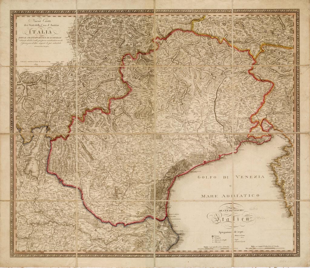 (N:12989) NUOVA CARTA DEGLI STATI DELLA CASA D'AUSTRIA IN ITALIA DOPO IL TRATTATO DI PACE DI LUNEVILLE DELINEATA DA I.E.S. SULLE PIU' PRECISE RECENTI ASTRONOMICHE OSSERVAZIONI ED ALTRE SORGENTI LE PIU' ANTICHE ED INCISA DA F. REISSER (B0005517, B0005518, B5517-18) Carte e stampe antiche: riproduzione a colori su carta (formato A1)